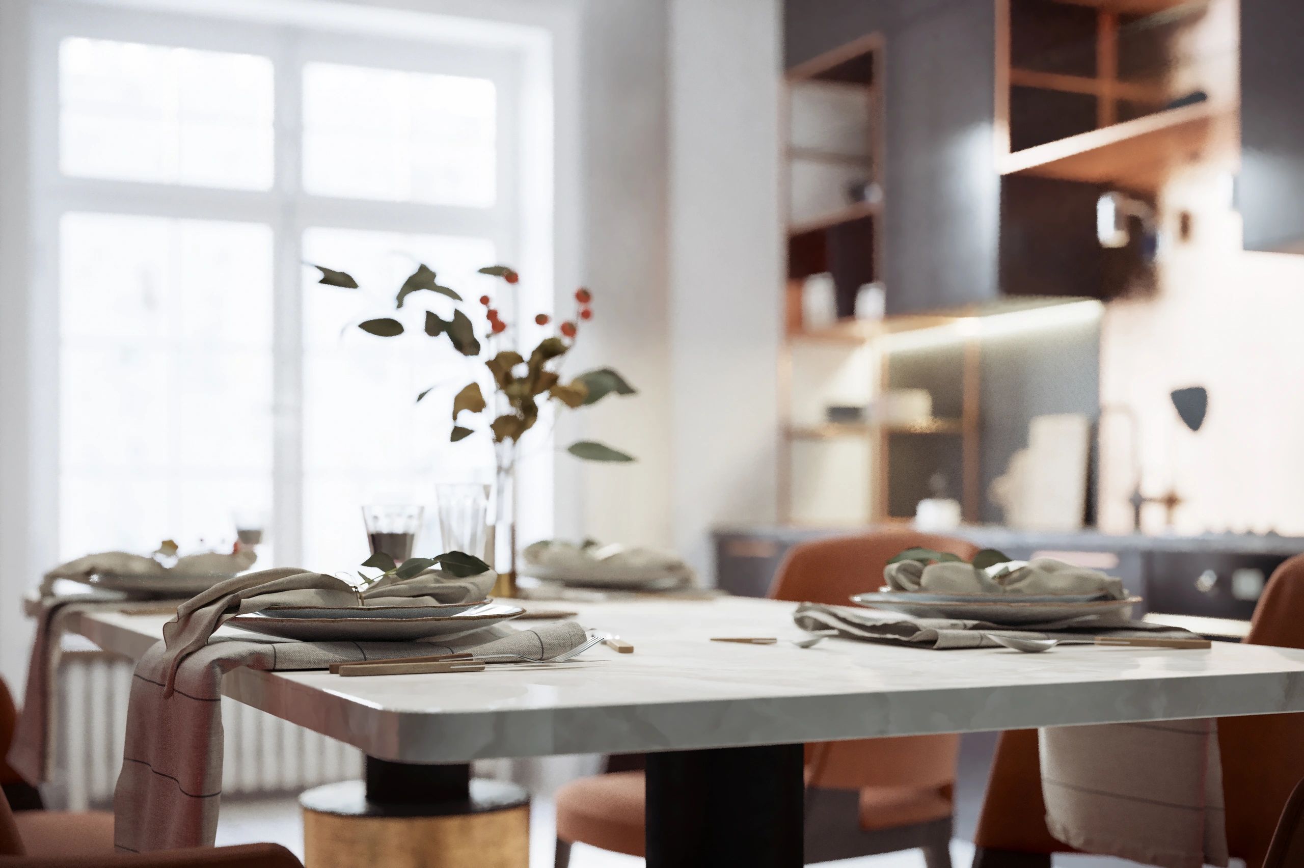 Styled dining detail with refined materials and warm tones