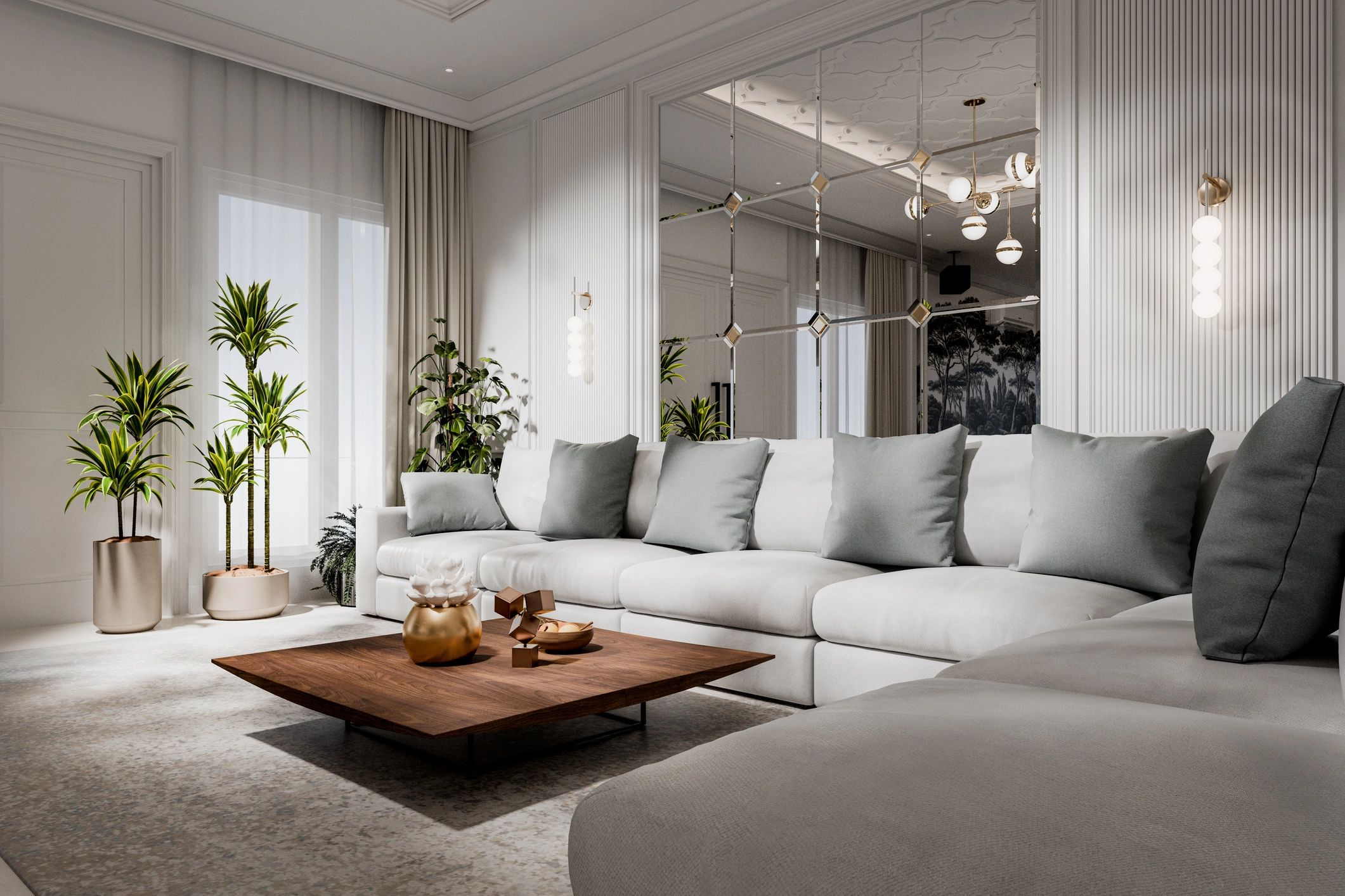 Sophisticated living room interior with layered textures