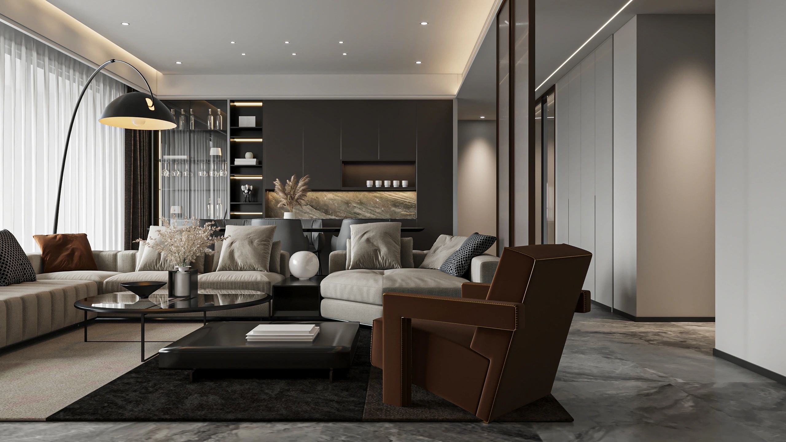 Sophisticated living room with layered seating and dark accents