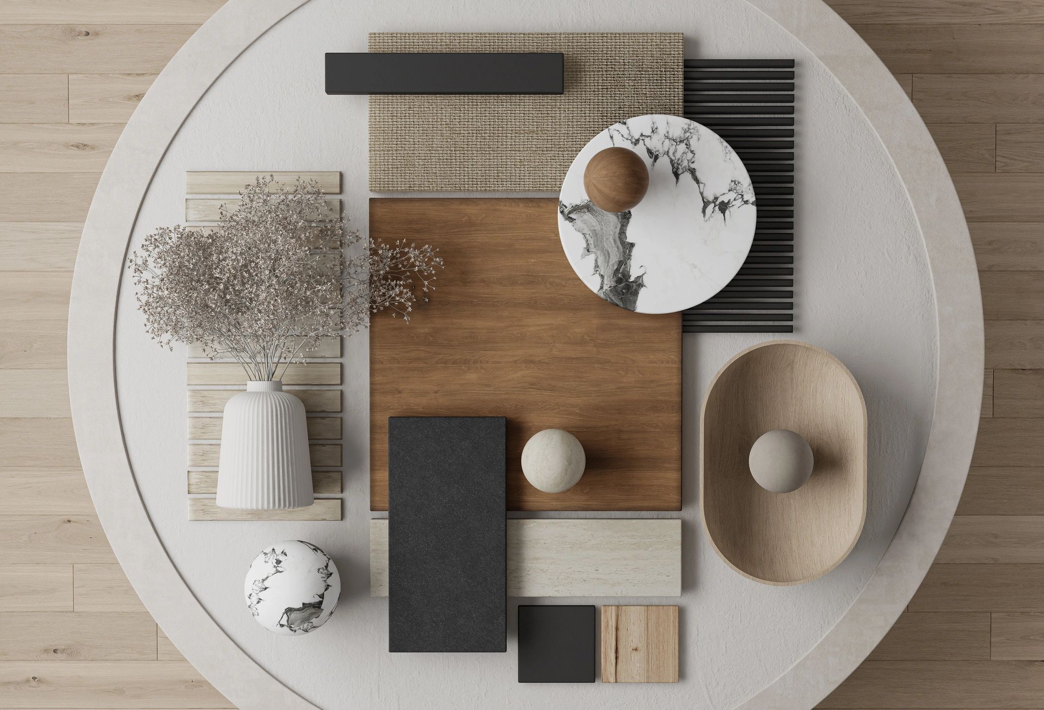 Interior design material samples and curated finishes